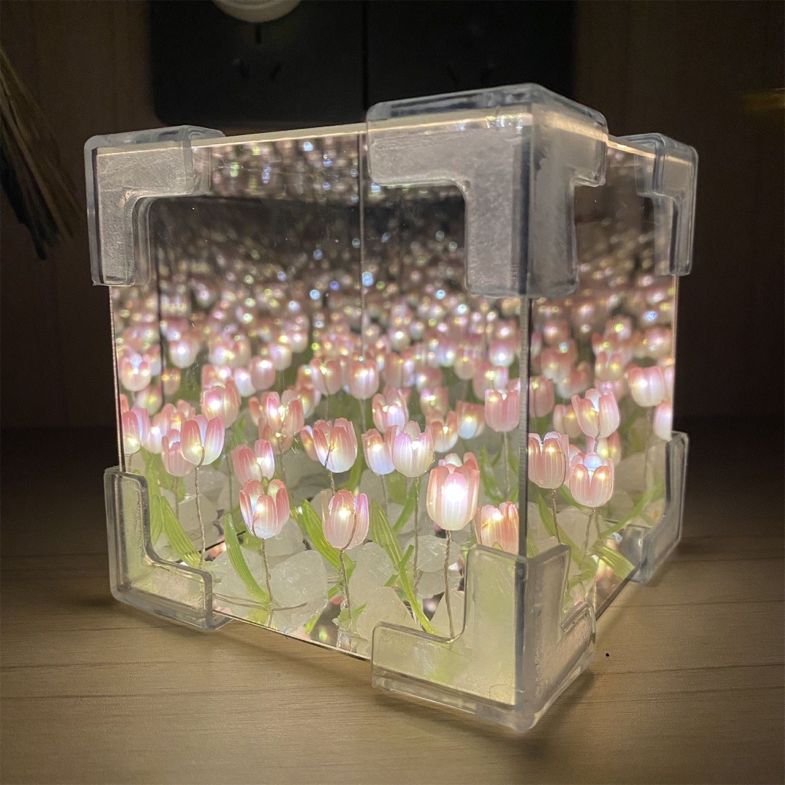 Lampe De Table Led Veilleuse Tulipe À Faire Soi-même Pour La Chambre, Vase Transparent Fait Main Avec Fleurs Artificielles En Forme De Cube, Cadeau Idéal Pour La Saint-valentin Ou Un Anniversaire (pou