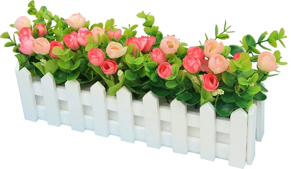 Roses Artificielles Avec Clôture, Fausses Fleurs Artificielles En Pot, Plantes Artificielles En Pot Simulées, Bonsaï, Décorations De Balcon, 30 X 7,5 X 17 Cm - Rose