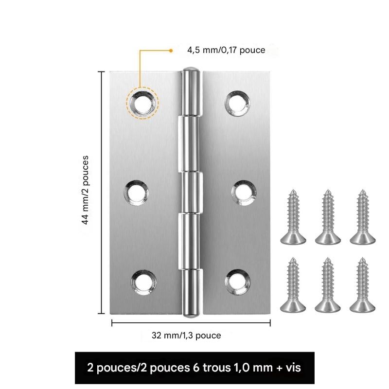 Lot De 10 Charnières Pour Portes D'Armoires - 2 Pouces 6 Trous (44 X 32 X 1,0 Mm) + Vis