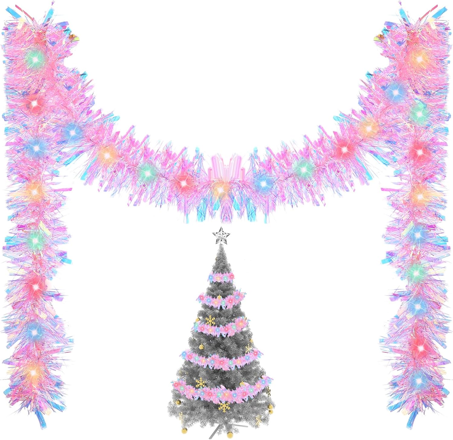 Kingdder 16.4 Ft Christmas Lighted Garland Tree Decoration Prelit Tinsel Garland Battery Operated 50 Led Christmas Garland Multicolor Garland For Xmas Home Outdoor Decor(multicolor, Pink)