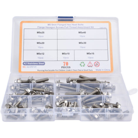Kit De 70 Pièces Boulons M5 À Tête Hexagonale Fraisée, Vis À Embase En Acier Inoxydable, Assortiment De Fixations.