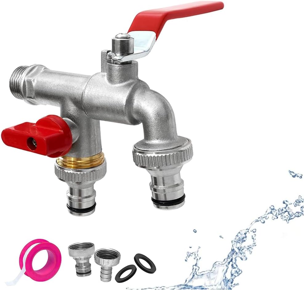 Robinet De Jardin Double, Robinet Avec Sortie 2 3/4" - Entrée 1/2", 1 Rouleau De Joint D'Étanchéité, Raccord Double Et Embout De Tuyau Pour Jardin, Citerne De Récupération D'Eau De Pluie, Lavabo.