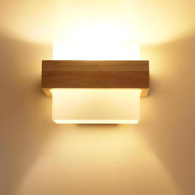 Goeco Applique Murale Interieur, 12w Moderne Lampe Murale En Bois Avec Abat-jour En Verre E27, 3 Température De Couleur 3000k/4500k/6500k