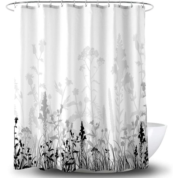 Rideau De Douche 180x210cm Noir Et Gris Tapis De Bain À Motifs Floraux Rideau De Douche Avec Vaisselle Accessoires De Salle De Bain Décoratifs Imperméable Renforcé Par Du Métal G