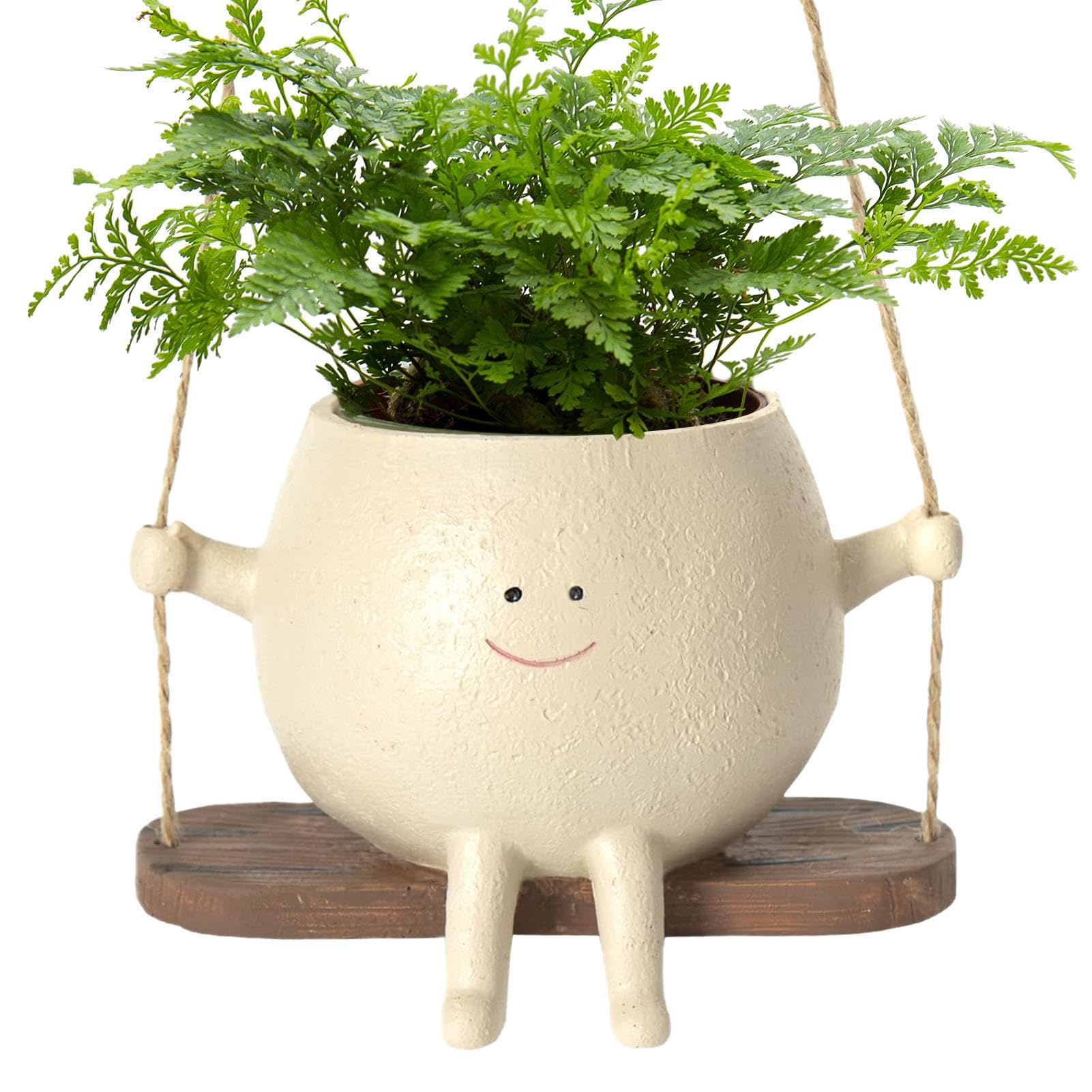 Pot De Fleurs Balançoire, Jardinière À Suspendre Intérieur Extérieur, Pot De Fleurs En Résine Avec Visage Sourire Et Balançoire, Pot De Plant-es Assis En Résine Pour Plant-es Succulentes
