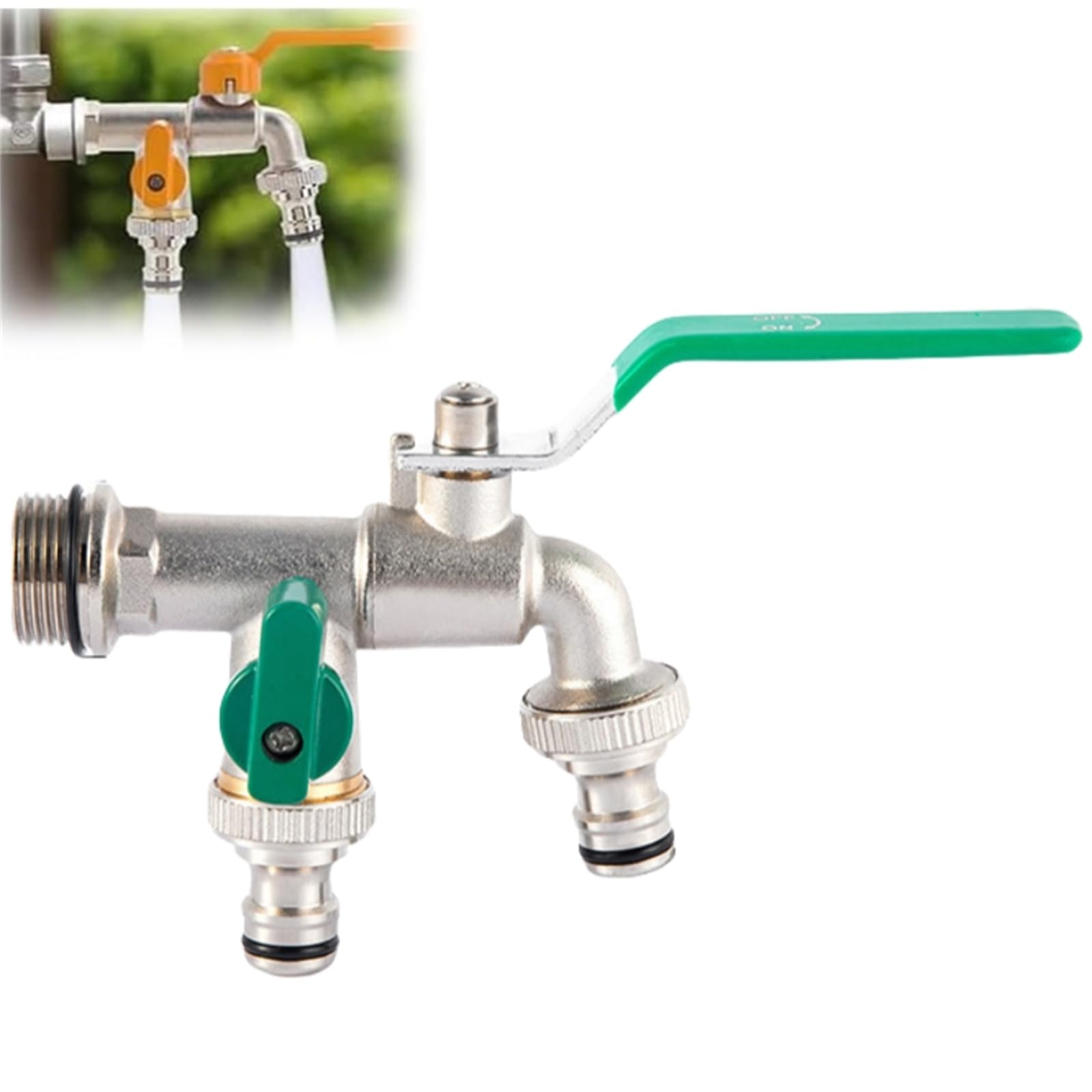 Robinet De Jardin Universel À Double Sortie En Acier Inoxydable, Distributeur De Tuyau De 1,27 Cm, 1,9 Cm, Kit De Robinet Extérieur En Laiton À Double Sortie Pour Jardin, Maison Et Industrie (vert, 3