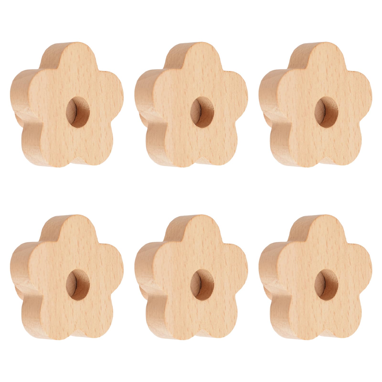Lot De 6 Boutons En Bois De Hêtre Naturel Fait À La Main En Forme De Fleur Pour Tiroir, Armoire, Commode, Avec Vis Et Tube D'Extension