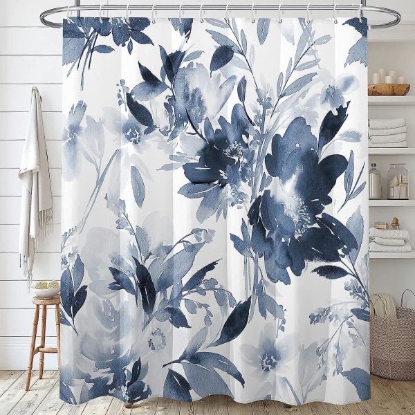 Blommig Duschdraperi Modern Pretty Ink Blommor Gardin Bleu Foncé 180x180cm