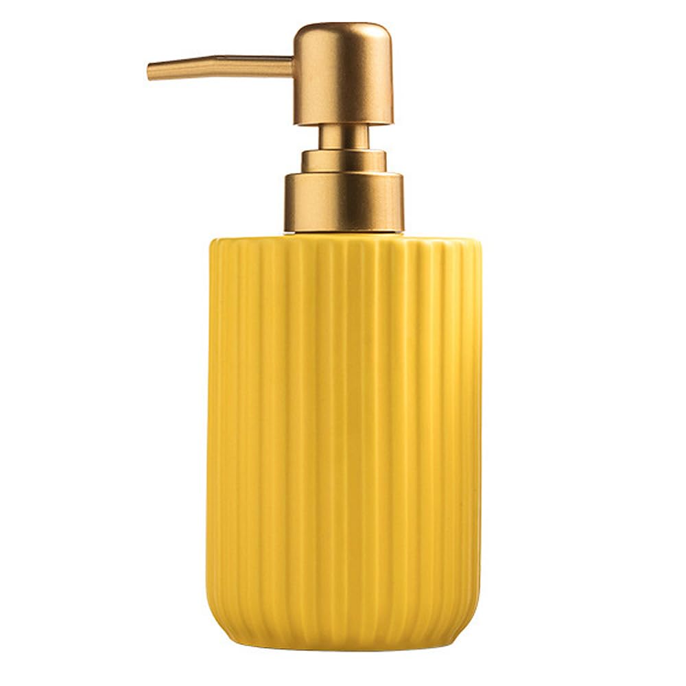 Chic Distributeur De Savon En Forme De Cylindre, Design À Rayures Verticales Avec Pompe Dorée, Distributeur De Lotion En Céramique (jaune)
