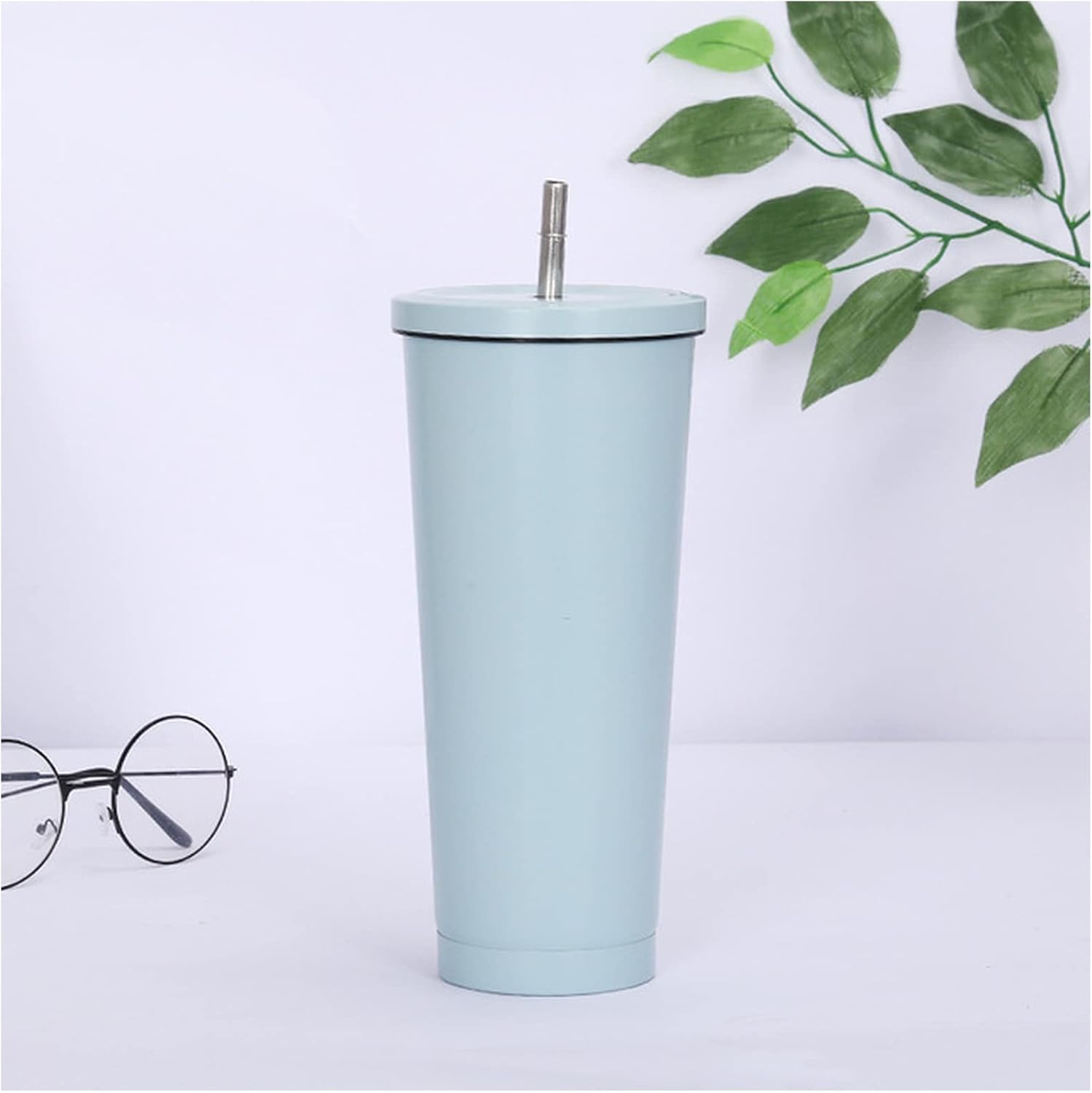 Mug 750ml 304 Stainless Steel Straw Cup Large Capacity Vacuum Solid Color Coffee Cup Tumbler Enamel Cup (color: Sky Blue, Size: 750ml)