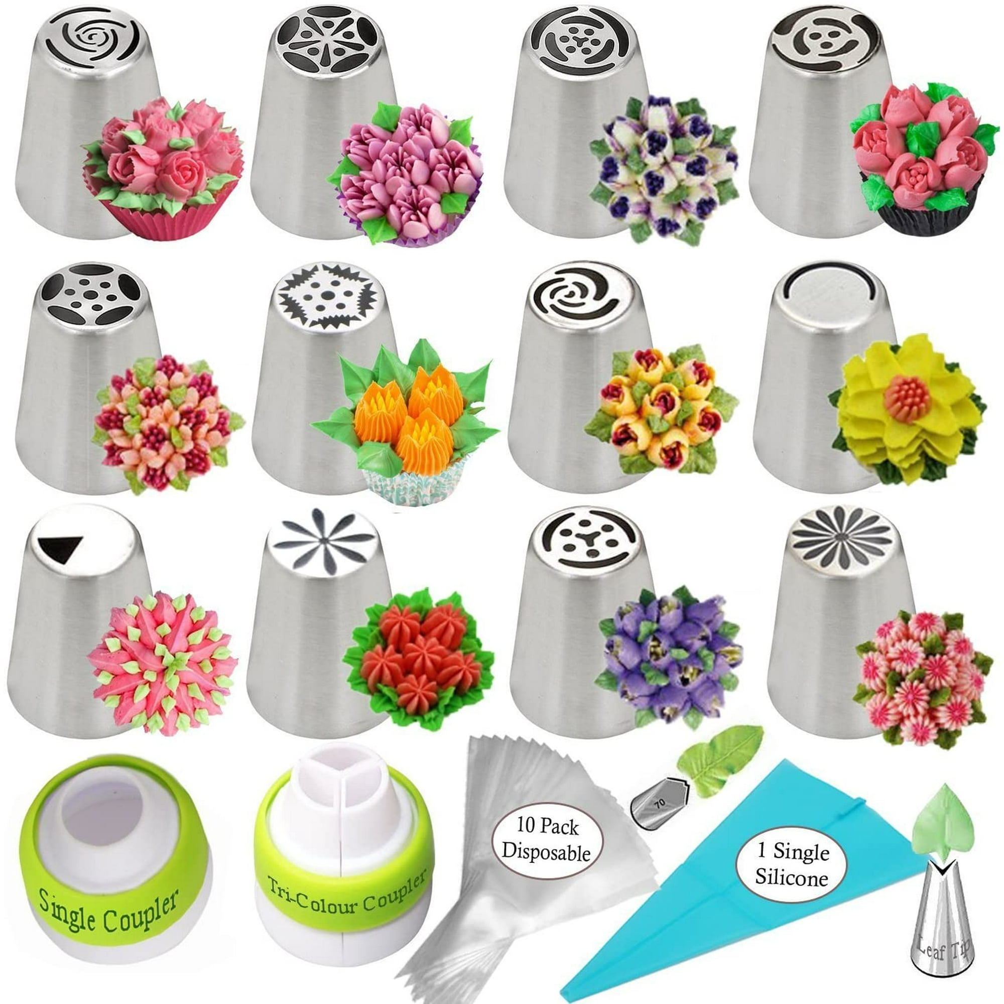 Kit De Décoration De Gâteaux Avec Douilles Russes Artisanales : 12 Douilles À Fleurs, 2 Adaptateurs, 2 Douilles À Feuilles, 1 Poche À Douille En Silicone Et 10 Poches À Douille.