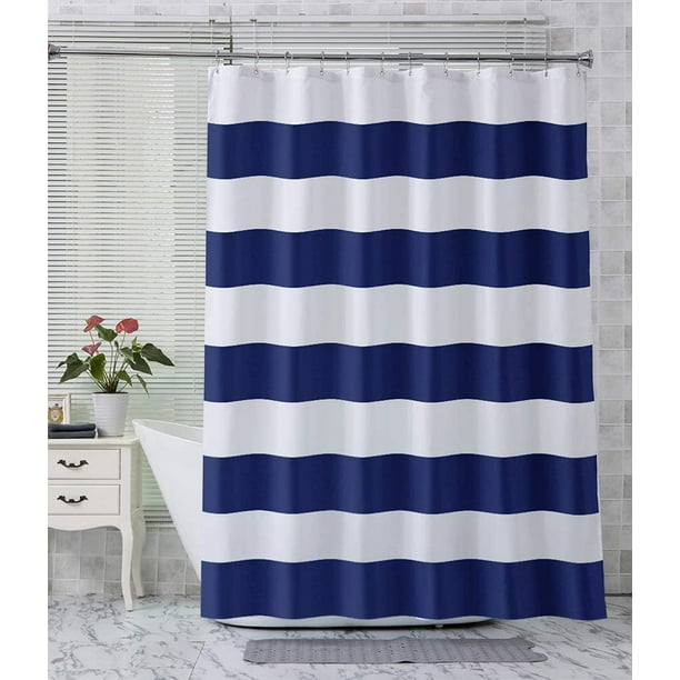 Rideau De Douche À Rayures Pour Salle De Bain, Rideau De Douche En Tissu De Qualité Hôtelière Avec 2 Galets Transparents Résistants, Rideau De Douche Décoratif À Rayures Bleu Marine, 183 X 183 Cm