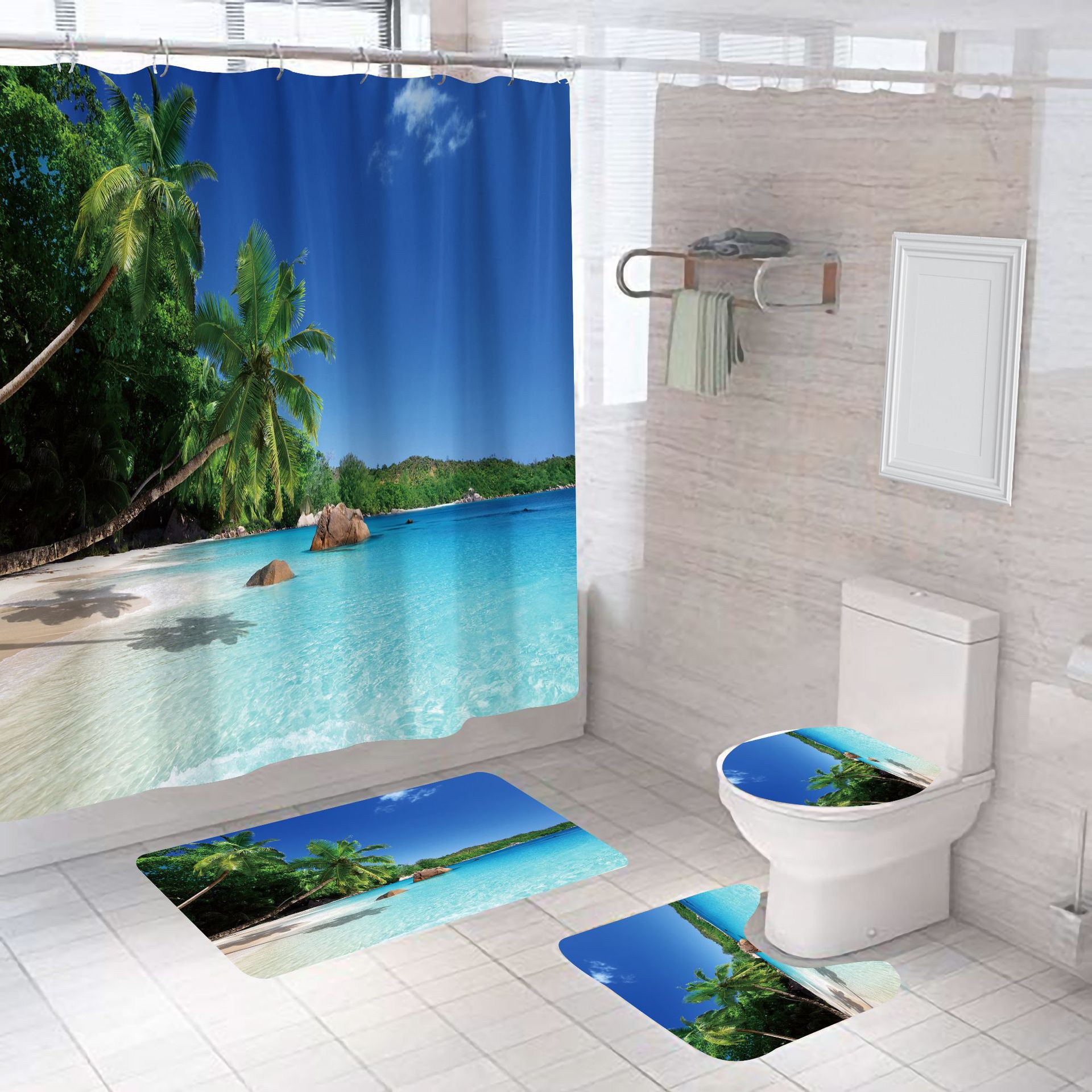 Rideau De Douche Tropical, Motif Plage, Paysage Marin Estival, Île Océanique, Palmiers, Décoration De Salle De Bain, Résistant Et Imperméable, Avec 12 Crochets, 180 X 180 Cm.