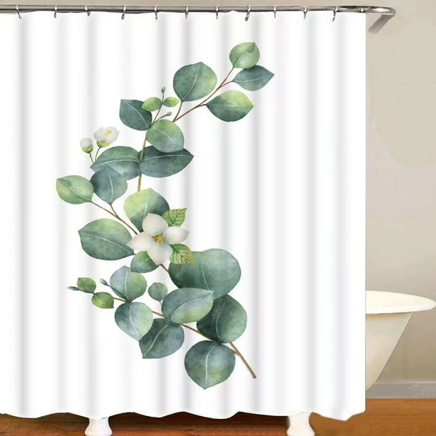 Rideau De Douche En Tissu, Doublure De Rideau De Douche À Motif De Feuilles Vertes Et Blanches, Rideau De Douche Avec 12 Crochets Pour La Maison Et L'Hôtel, Lavable En Machine, Imperméable, Pour Salle
