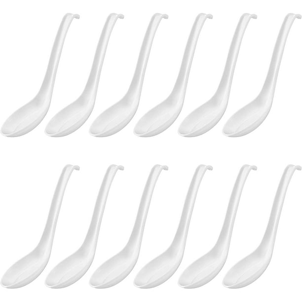 12 Pieces Asian Soup Spoons Hook Style Ramen Spoon White Noodle Soup Spoons Japanese Melamine Rice Spoon With Hook Handle Chinese Wonton Soup Spoon For Soba Rice Pho Ramen Noodle, 6.3 Inch