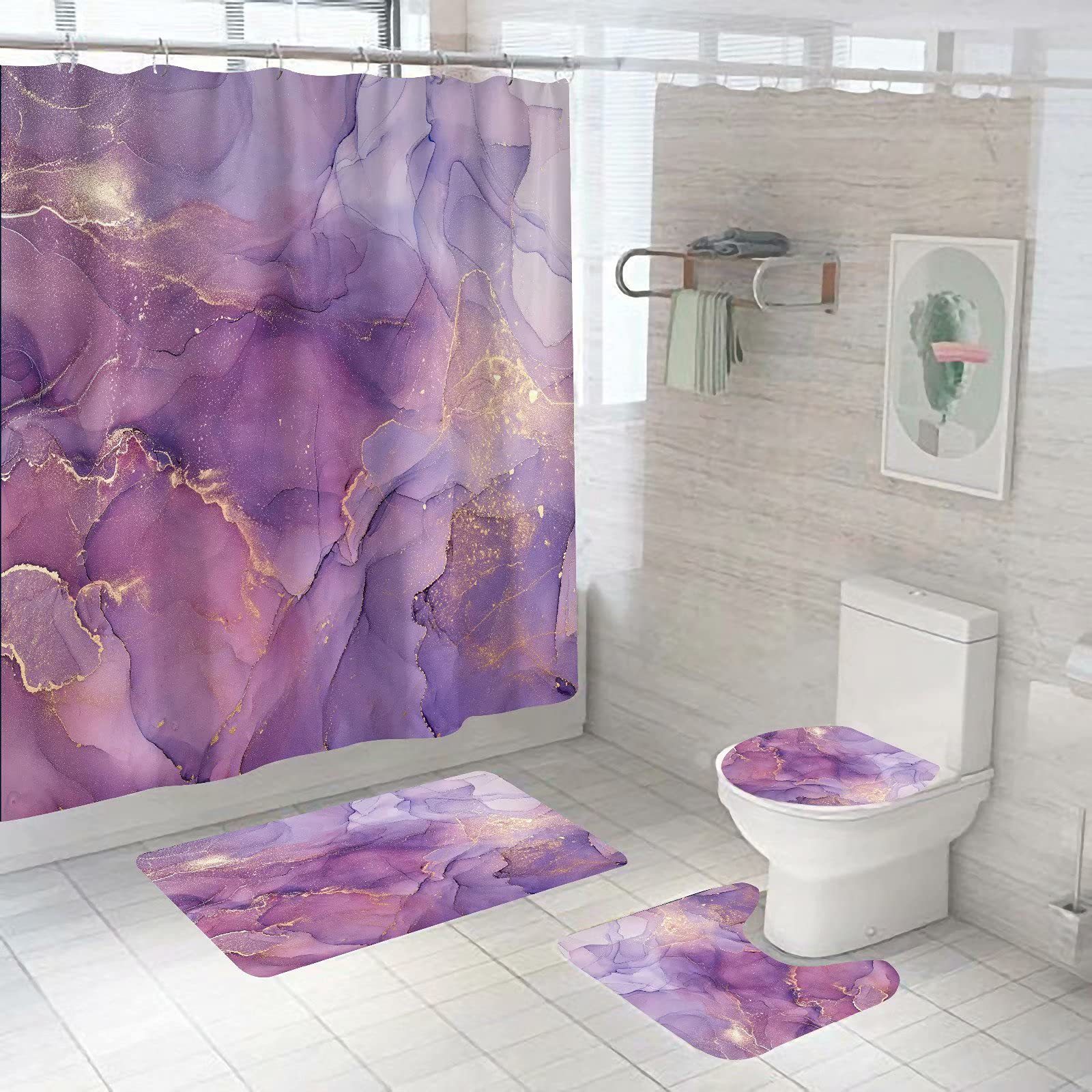 Rideau De Douche Effet Marbre Violet, Kit De Rideau De Douche En Tissu Au Décor Moderne Abstrait Pour Baignoire, Rideau De Douche Luxueux Pour Salle De Bain (72 Po L X 72 Po H)