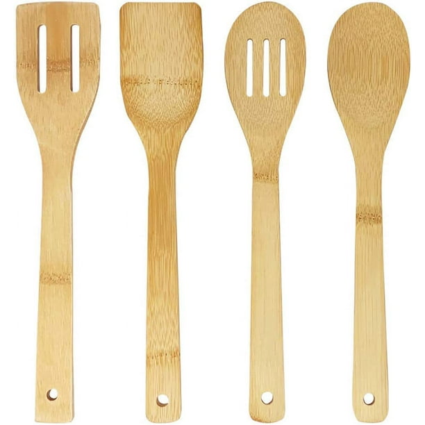 Ensemble De 4 Ustensiles De Cuisine De Qualité En Bois De Bambou : Cuillère En Bois, Spatule En Bois.