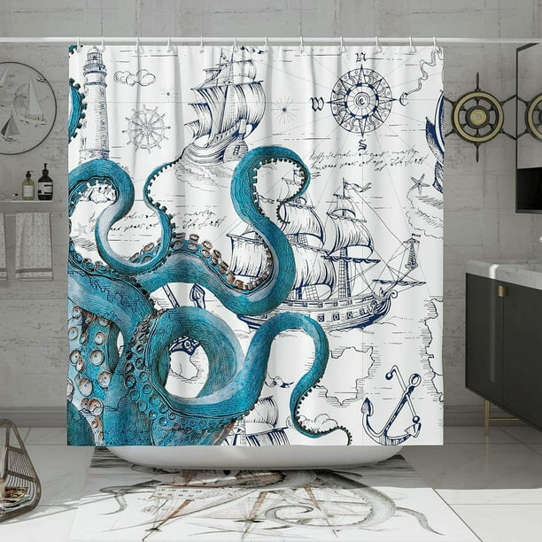 Cool Octopus Shower Curtain Anime Nautical Shower Curtain Teal Kraken Shower Curtain Sailboat Pirate Shower Curtain Polyester Fabric-72" X 72