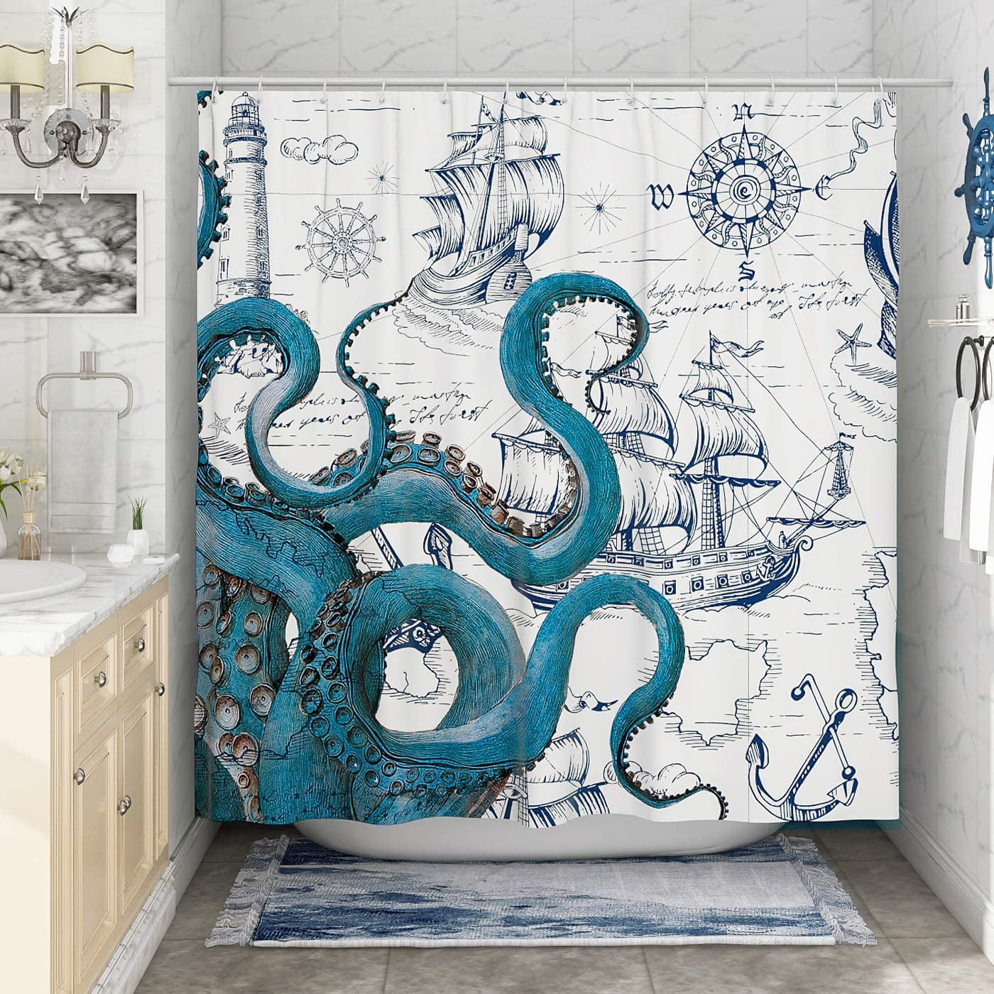 Rideau De Douche Pieuvre Cool 183 X 183 Cm, Rideau De Douche Marin Anime, Rideau De Douche Kraken Turquoise, Rideau De Douche Voilier Pirate En Polyester
