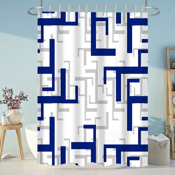 Rideau De Douche Bleu, Rideau De Salle De Bain Bleu Avec Crochets, Rideau De Douche Gris Pour Salle De Bain, Rideaux De Douche Géométriques Blancs Modernes, Déperlants Et Lavables En Machine, 183 X 18