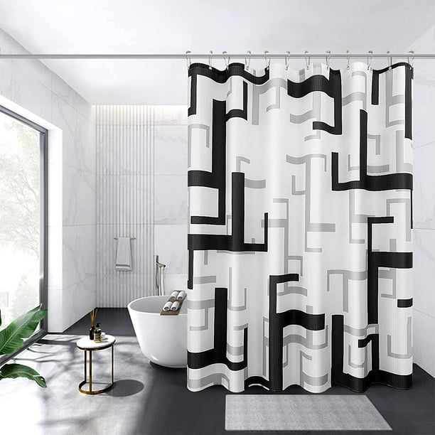 Rideau De Douche Noir, Rideau De Salle De Bain Noir Avec Crochets, Rideau De Douche Gris Pour Salle De Bain, Rideaux De Douche Géométriques Blancs Modernes, Déperlants Et Lavables En Machine, 183 X 18