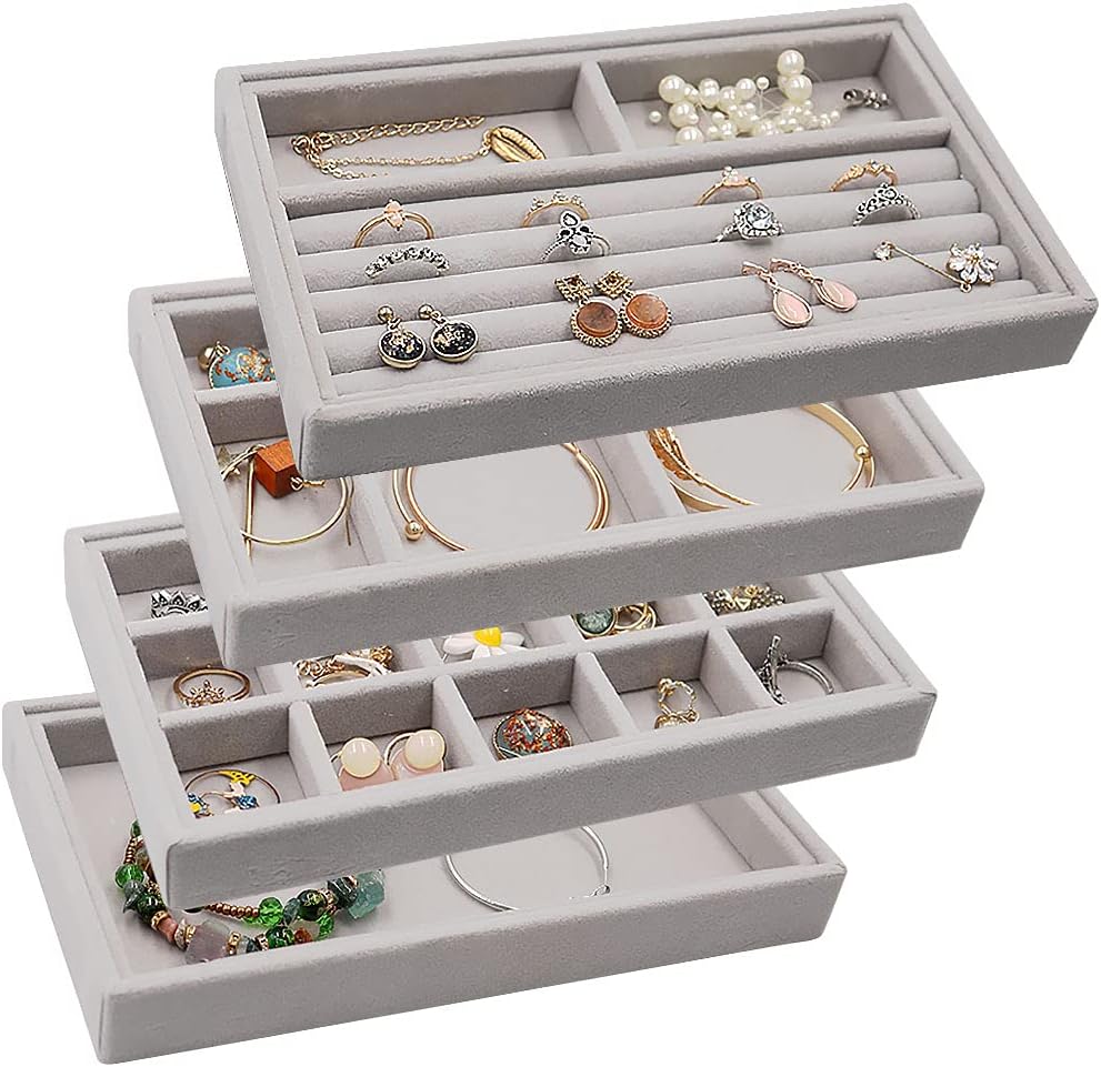 Stackable Jewelry Organizer Trays Drawer Inserts,velvet Earring Display Trays, Box Ring Holder Necklace Case, Storage For Bracelet Brooch Watch, Set Of 4 (gray)