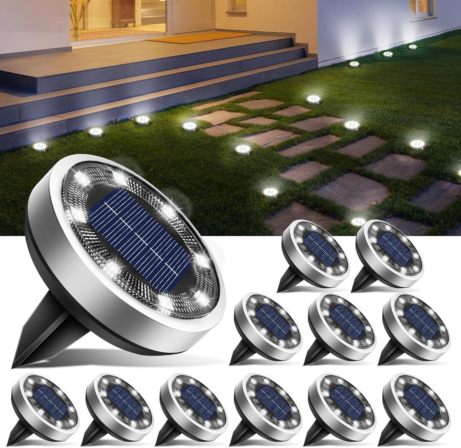 Lot De 12 Lampe Solaire Au Sol, 8 Led Jardin Exterieur Solaire Etanche Lumiere Solaire, Spot Solaire Extérieur, Blanc Froid