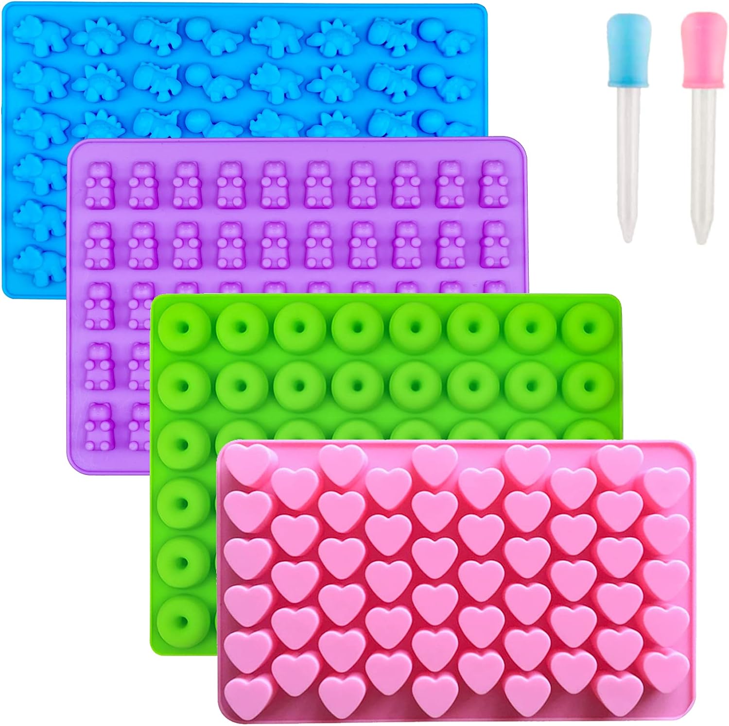 Gummy Bear - Moldes De Silicona Para Caramelos, Moldes De Goma Con 2 Cuentagotas, Moldes De Silicona Antiadherentes Para Dulces, Incluyendo Mini Dinosaurio, Forma De Oso, Corazones Y Mini Dona, Juego