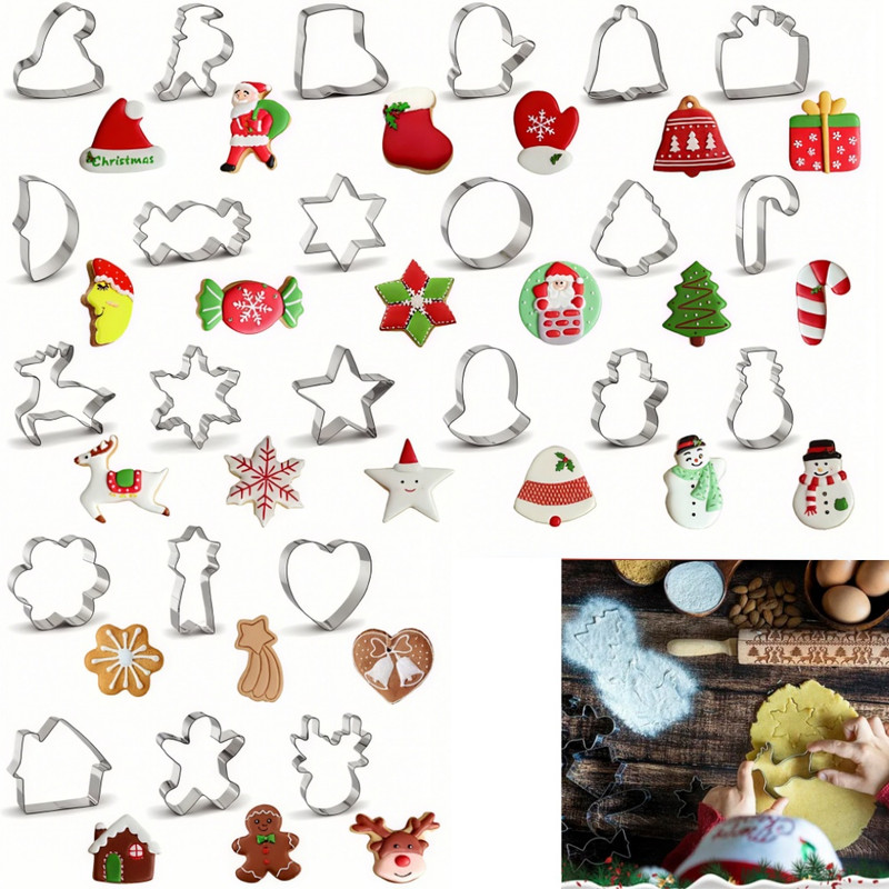 Set Kerstkoekjesvormpjes Van Roestvrij Staal, 24 Stuks/set, Kerstkoekjesvorm, Fruitvorm, Groentevorm, Koekjesvormpers In De Vorm Van Een Kerstman, Set Cartoonkoekjesvormen, Kerstavondkoekjesstempels (