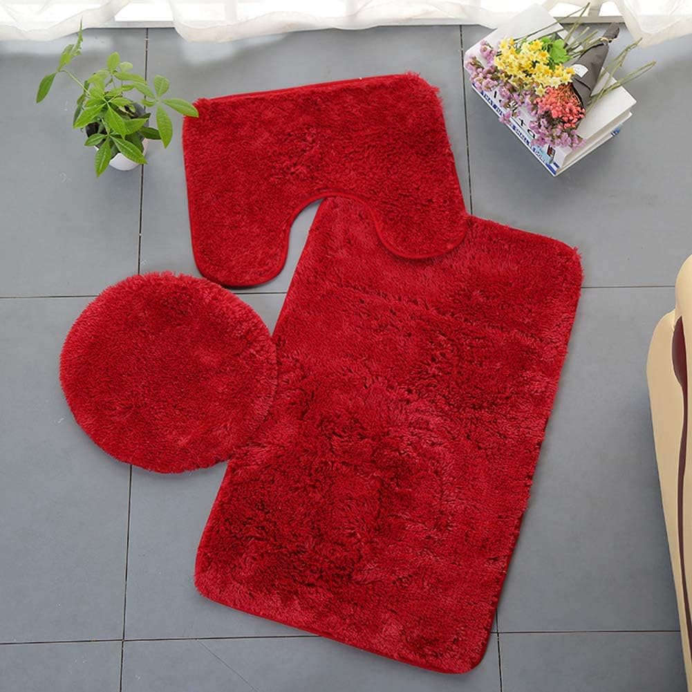 Ensemble De 3 Pièces Comprenant Un Tapis De Bain Uni Rouge, Doux, Absorbant Et Antidérapant, Et Un Couvre-abattant De Toilette. Lavable.