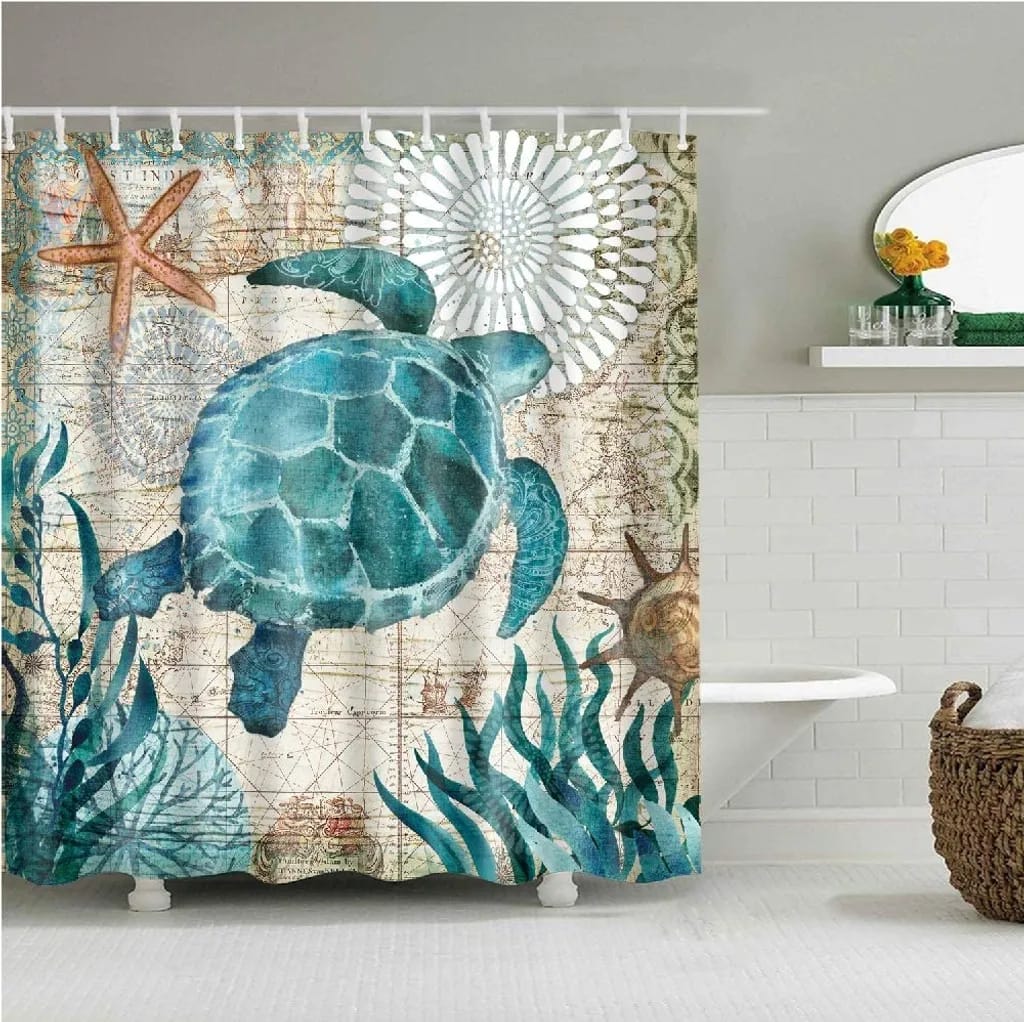 Raylang Home Duschvorhang, Waschbar, Wasserdicht Und Schimmelresistent Gedruckt Mit Badvorhängen Mit Elegantem Muster Und 12 Ringhaken 180 X 180 Cm (bunte Schildkröte)
