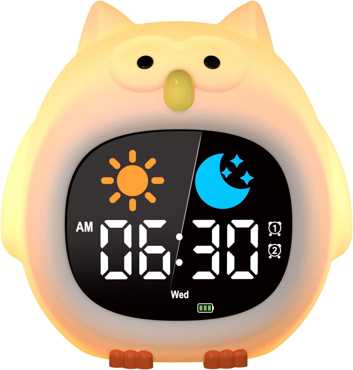 Yissvic Réveil Enfant Educatif Jour Nuit 2 Alarme 3 Récurrence De L'Alarme 12/24 Heure Snooze Luminosité De L'Ecran Réglable Réveil Lumineux 7 Couleurs 10 Chansons Arrêt Automatiquement En Forme Hibou