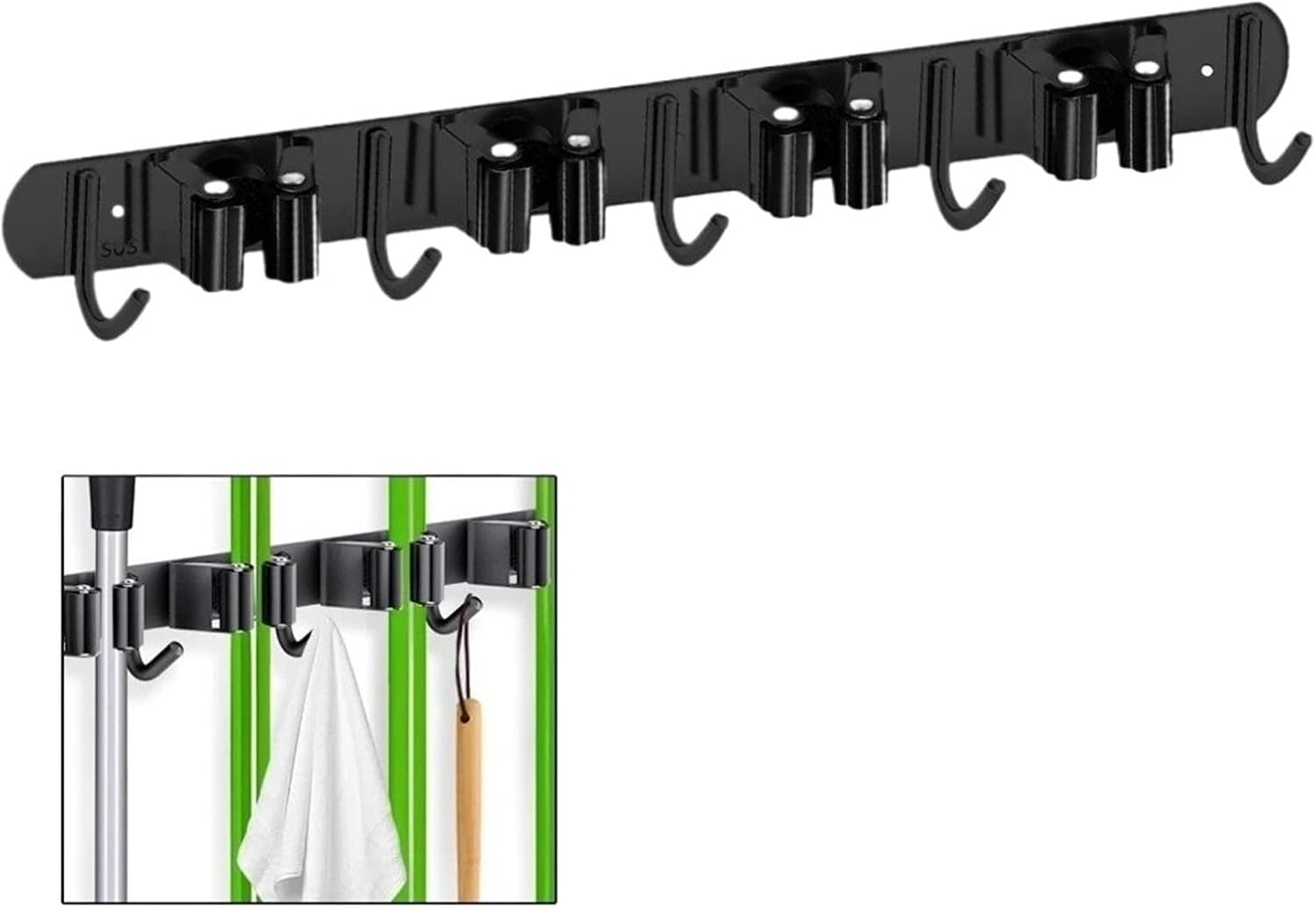Porte-balai Mural Sans Perçage - Rangement Pratique - Tout Noir 43cm - 4 Clips 5 Crochets (avec Vis + 3m Autocollants)