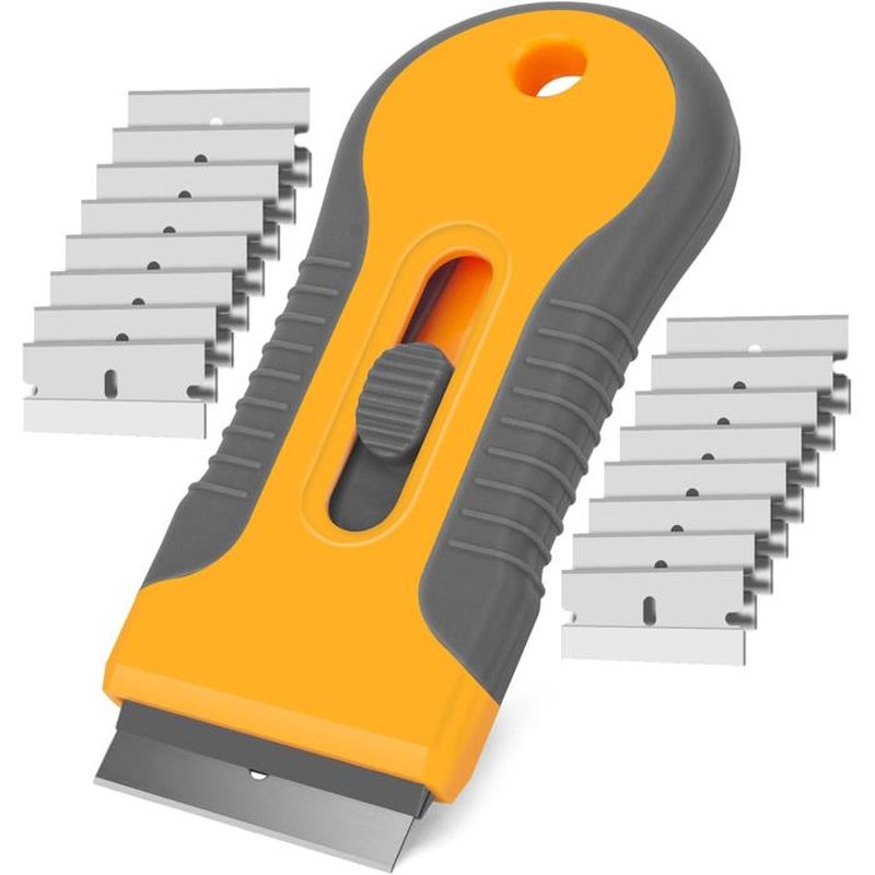 Grattoir Rétractable Plastique Jaune–20 Lames Acier Inoxydable – Multifonctionnel–enlève Autocollants, Étiquettes, Mastic
