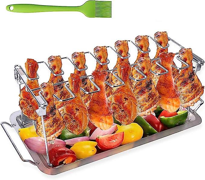 Chicken Leg Wing Grill Rack, Bbq Chicken Drumsticks Rack Stainless Steel Roaster Stand With Drip Pan, Hang Up To 14 Chicken Legs Or