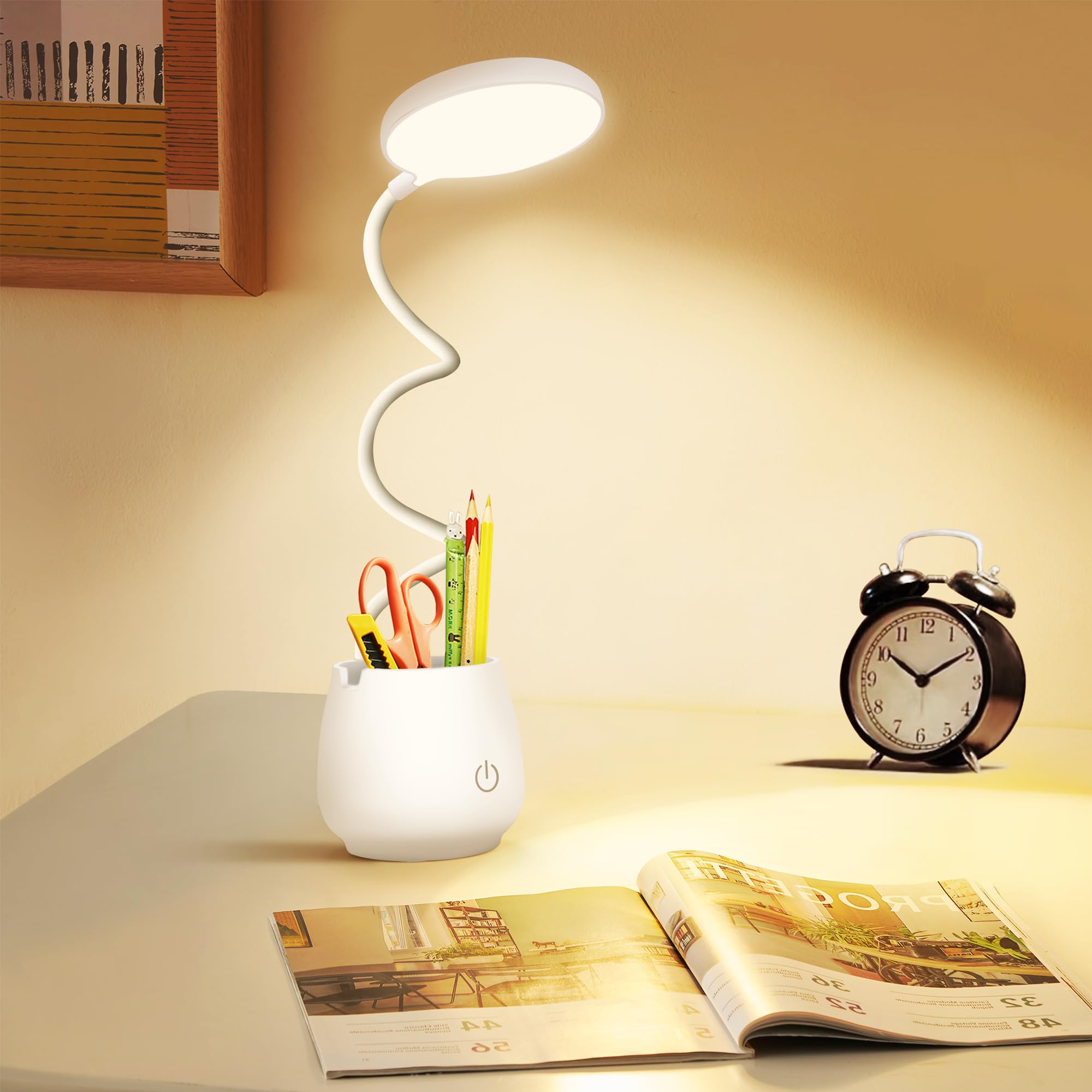 Lampe De Bureau Pour Chambre Étudiante, Petite Lampe De Bureau Rechargeable Avec Porte-gobelet/stylo Intégré, Bras Flexible Avec Lampe D'Étude, 3 Modes D'Éclairage, Lampe De Chevet Respectueuse Des Ye