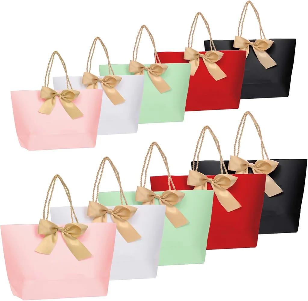 Lot De 10 Sacs Cadeaux En Papier Avec Ruban, Élégants, Parfaits Pour Les Anniversaires, Les Mariages, Les Remises De Diplômes Et La Création De Sacs Cadeaux À Faire Soi-même (21 Cm X 17 Cm X 7 Cm).