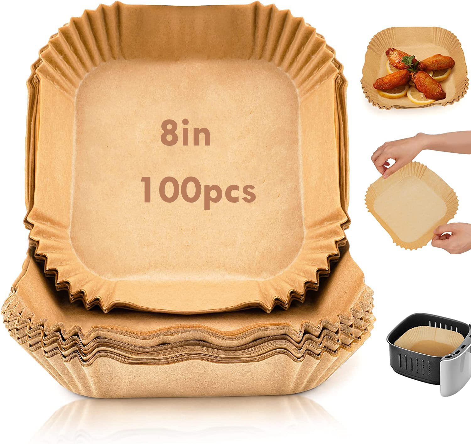 Papier Sulfurisé Pour Friteuse À Air Chaud, Paquet De 100 Feuilles Carrées De 20 Cm, Antiadhésives, Jetables, Pour Friteuse À Air Chaud (5 À 8 L), Micro-ondes, Sans Bpa