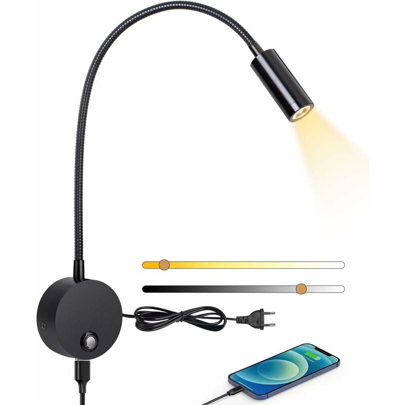 Liseuse Murale, Lampe De Chevet Murale Led Avec Interrupteur Tactile Dimmable Et Port De Charge Usb, 3w Liseuse De Lit Pivotante À 360° Avec Prise Et Cable Pour Chambre, 3000-6000k, Noir [classe Énerg