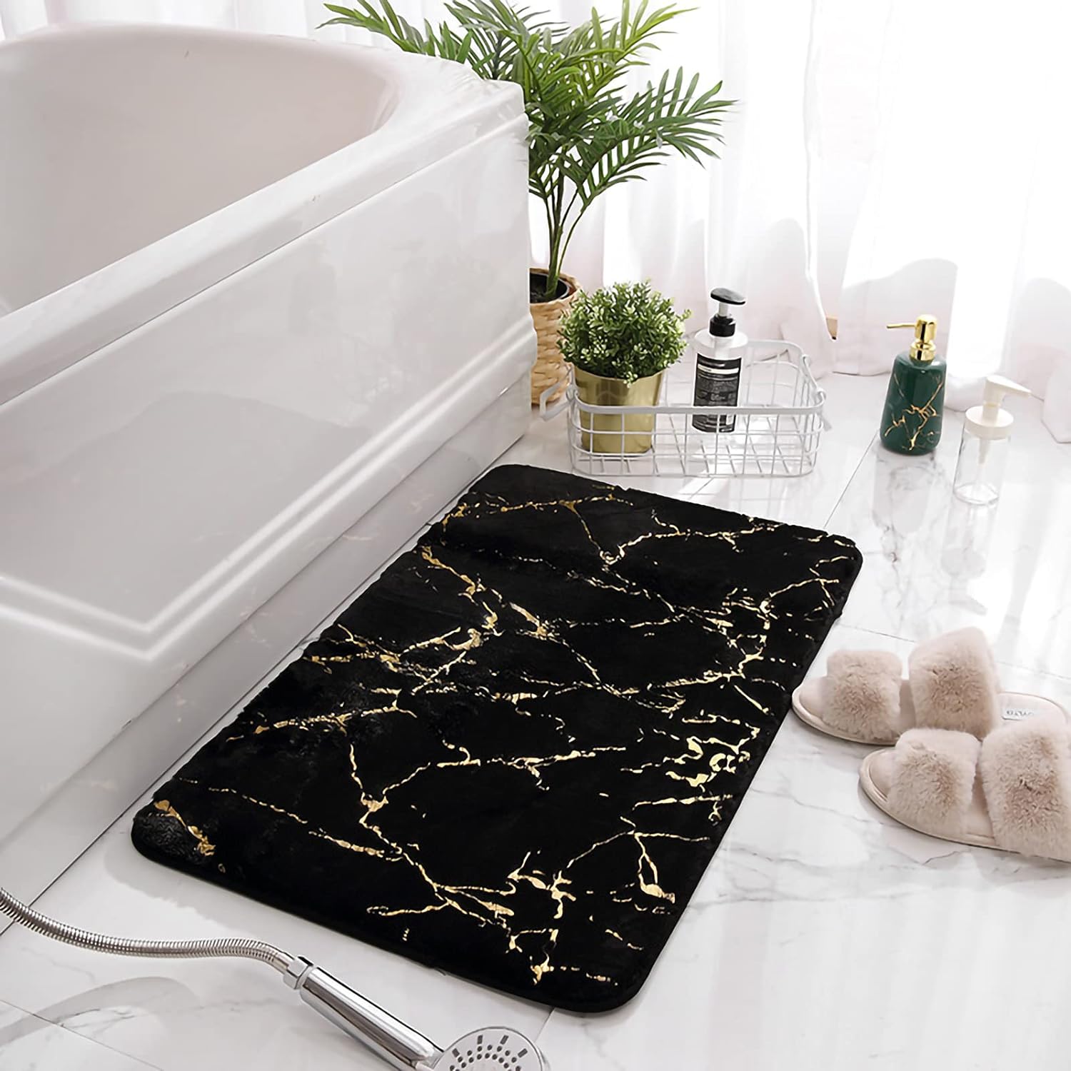 Tapis De Bain Effet Marbre, Antidérapants, Noirs Et Dorés, Ultra Doux Et Lavables, Pour Salle De Bain, Chambre Ou Salon. Tapis De Douche Absorbant L'Eau, Idéal Pour La Chambre Ou Le Salon.