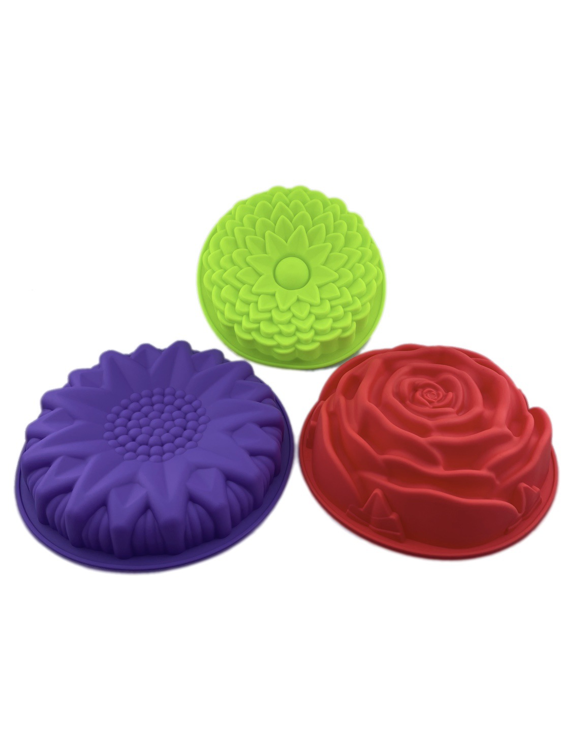3 Silikonformen Mit Blumenmuster, Kuchenform, Brotform, Große Runde Sonnenblume, Chrysantheme, Rose – Gelb, Rot, Violett