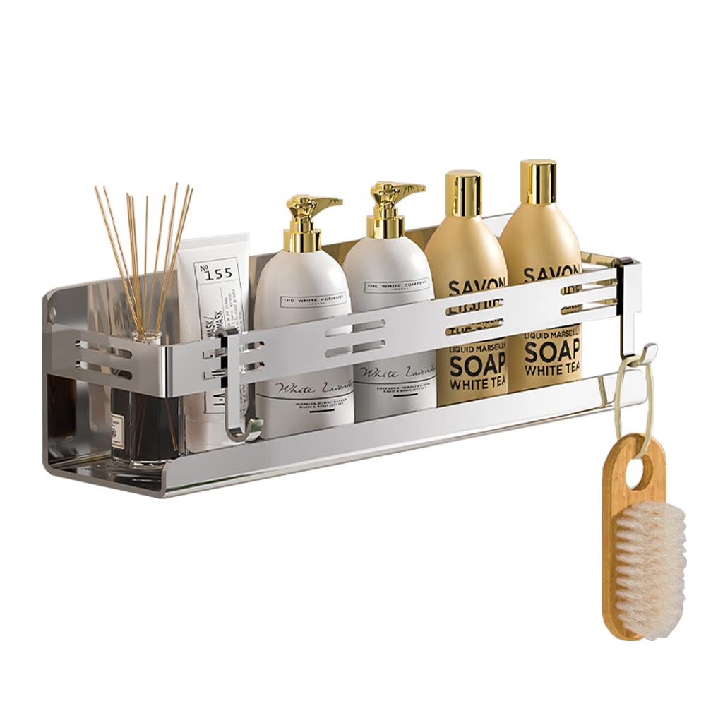 Étagère De Douche Chromée Sans Perçage En Acier Inoxydable Avec 2 Crochets Pour Suspendre Rasoir Et Serviettes, Accessoires De Douche, Étagère De Salle De Bain, Cuisine