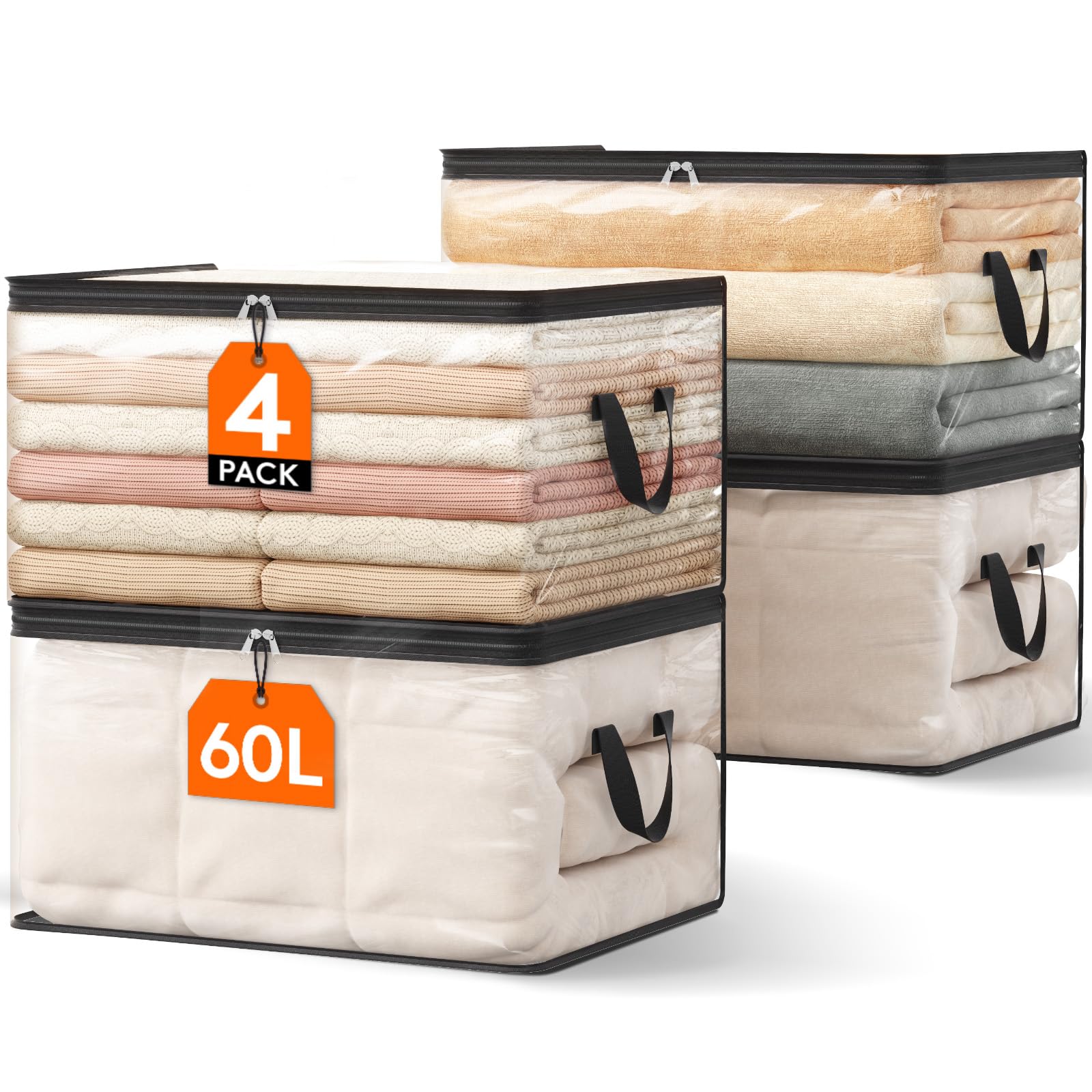 Pack De 4 Sac De Rangement Transparent 60l, Sac Rangement Vetement En Pvc, Housse De Couette Pliable Avec Poignées, Boite Rangement Pour Demenagement