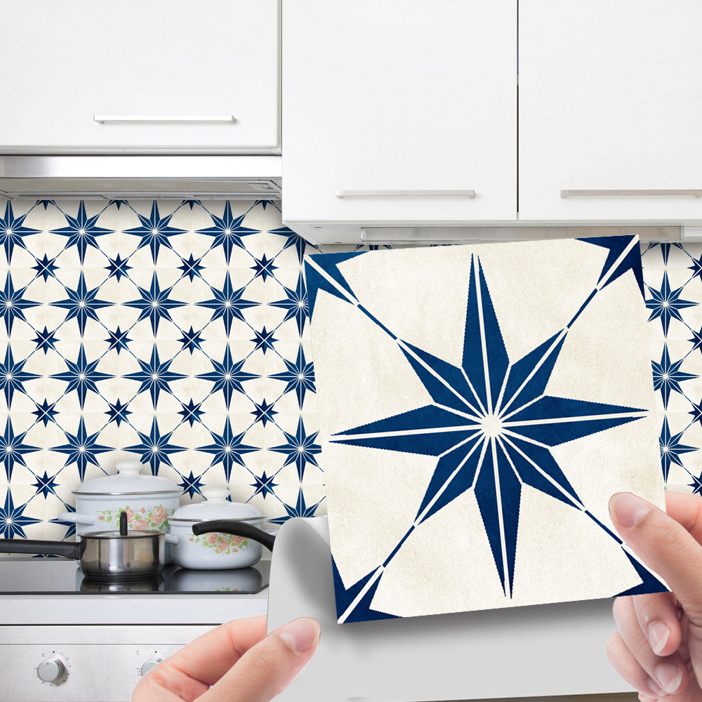 Dalle Pvc Adhésif Sol 30 Pcs Carrelage Adhesif Mural Cuisine10×10 Cm Carrelage Adhesif Mural Salle De Bain Étoiles Octogonales Bleu Et Blanches