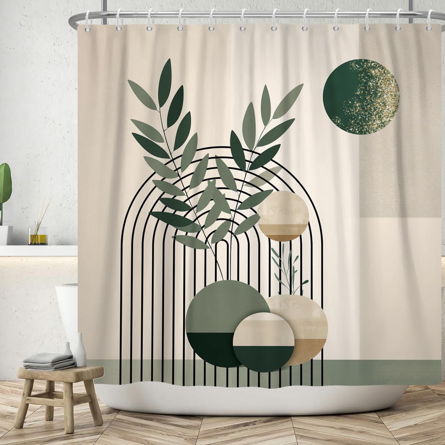 Rideau De Douche Boho 150x180 Cm, Art Abstrait Moderne Style Boho Rétro Soleil Feuilles Vertes Beige Lavables En Textile Rideau De Bain Imperméable