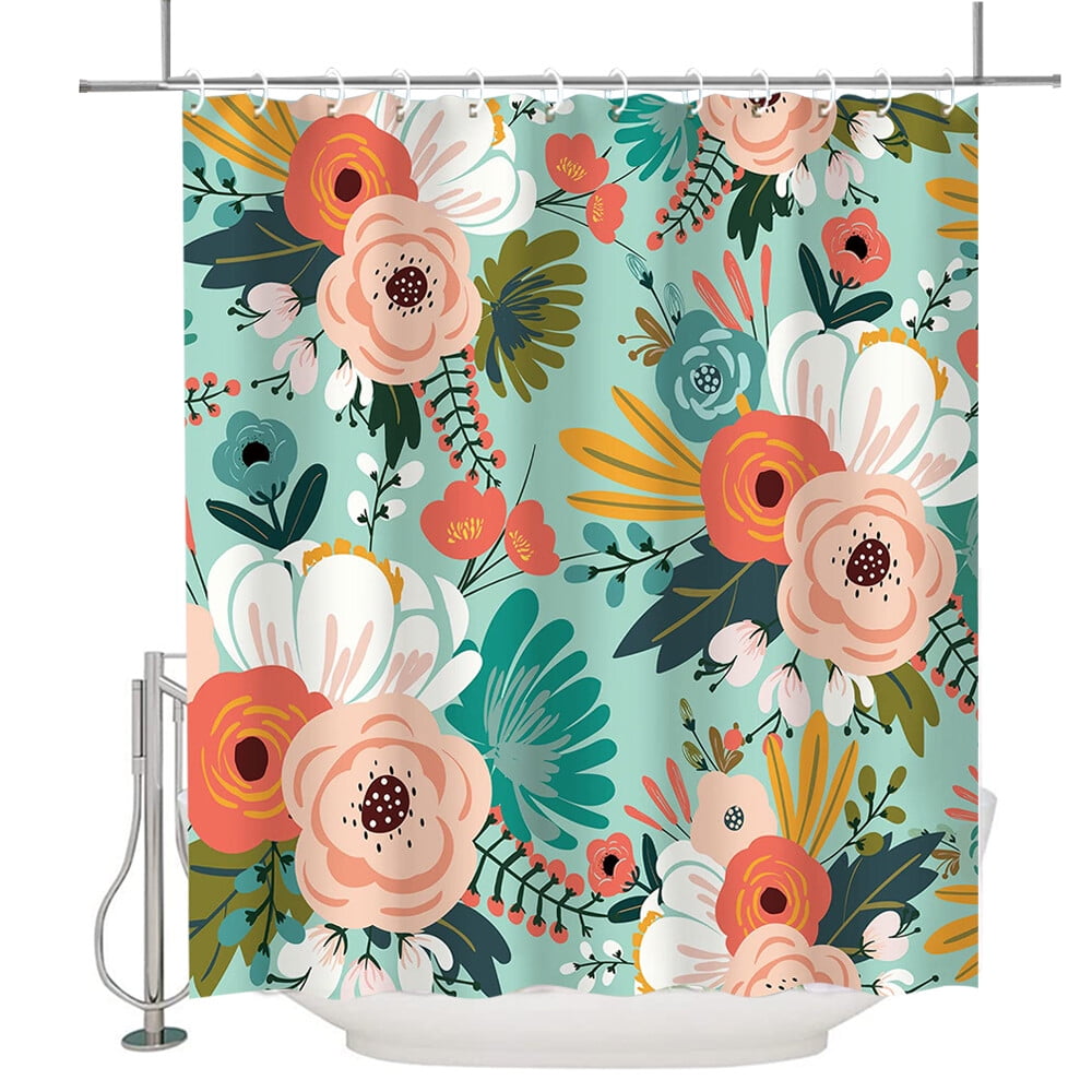 Rideau De Douche Fleuri Avec 12 Crochets, Doublure Imperméable Style Bohème, Ensemble De Décoration De Salle De Bain, 183 Cm X 183 Cm, Cyan