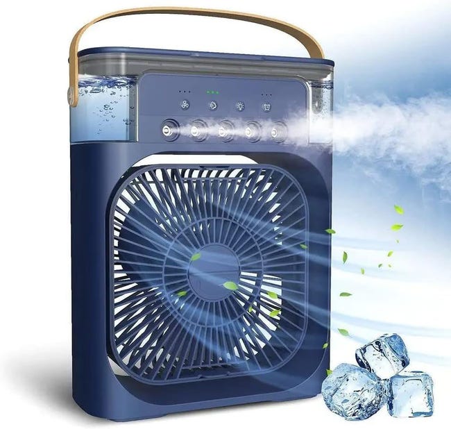 Climatiseur Mobile Portable 500 Ml, 3 Vitesses, 3 Modes De Brumisation, 7 Veilleuses, Minuterie, Convient Au Bureau - Bleu