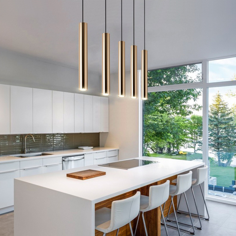One Piece Modern Pendant Light Gold Spotlight Long Tube Pendant Led Cylinder Light For Kitchen Island Bedroom Living Room Indoor Adjustable Hanging Suspension