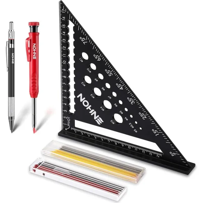 Equerre Menuisier, Charpentier Multifonction 180 Mm [crayon Chantier + 18 Mines] Metal, Règle De Menuisier Regle Trusquin Rapporteur De 45à90 Degrés