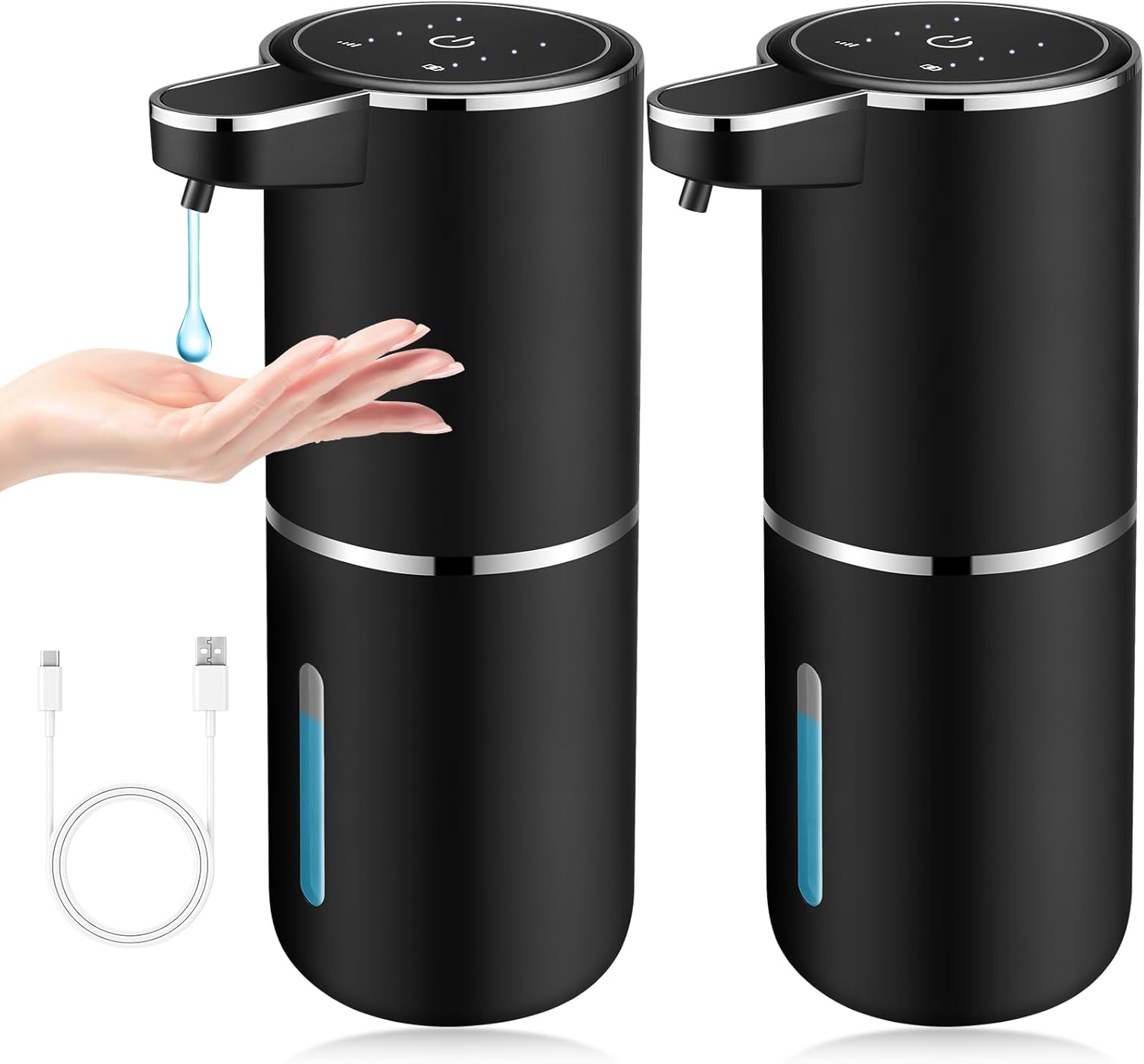 Lot De 2 Distributeurs Automatiques De Savon Liquide Sans Contact, Rechargeables Par Usb, 380 Ml, Pour Salle De Bain, Cuisine, Vaisselle,noir